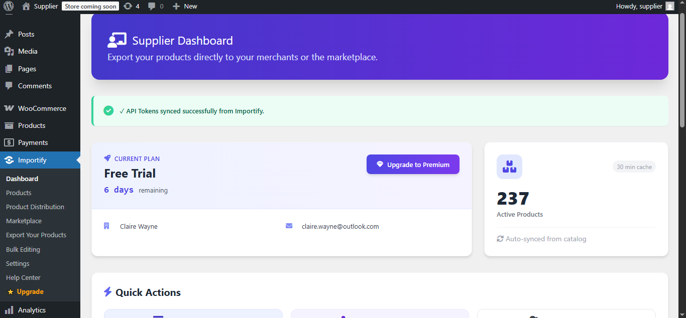 Importify Supplier dashboard showing a connected WordPress store