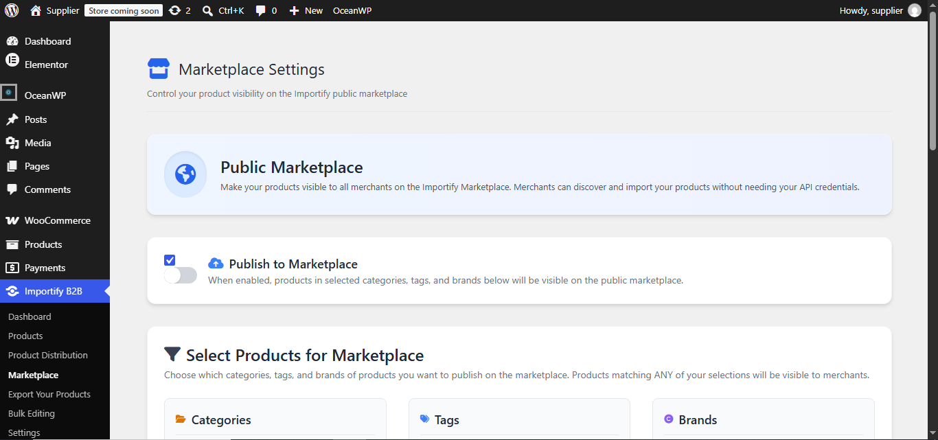Importify Supplier Marketplace settings for enabling product distribution
