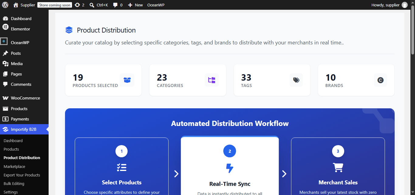 Importify Supplier Product Distribution page for configuring automatic product syncing