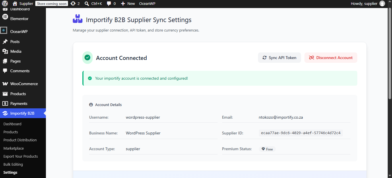 Importify Supplier plugin settings page in WordPress