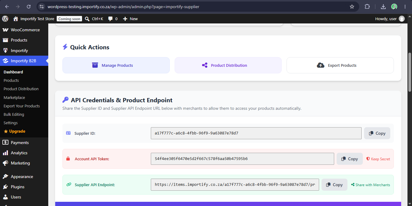 Importify Supplier dashboard for locating supplier connection details