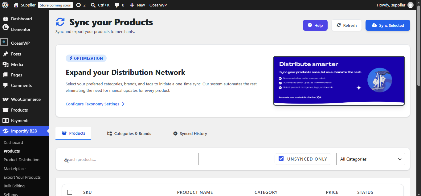 Importify Supplier product sync page for selecting individual products
