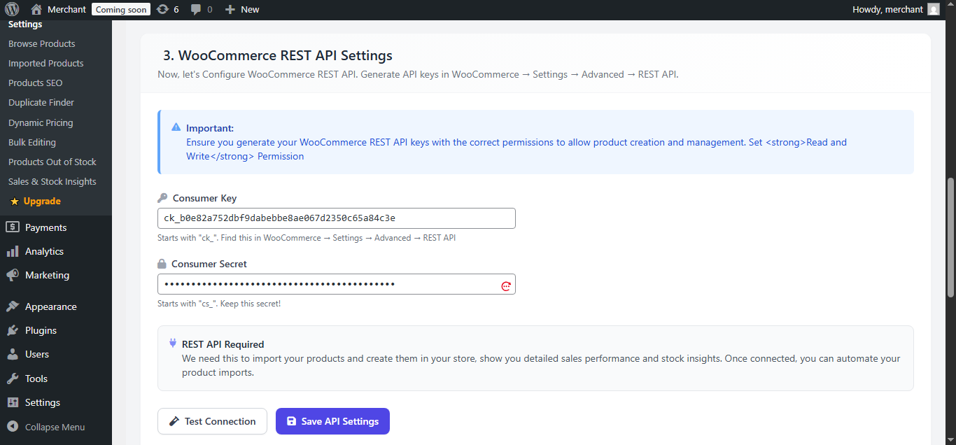Pasting WooCommerce Keys in Importify